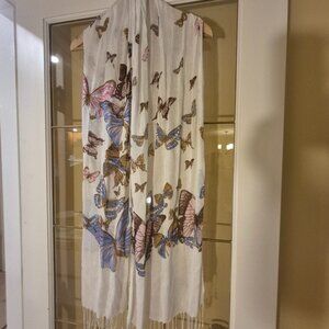 Semi-Sheer Fringed Scarf with Butterflies